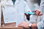 Pharmacy, card machine and patient paying for the medication at medical clinic dispensary. Credit card, prescription medicine and closeup of payment with cash dispenser point at pharmaceutical store.