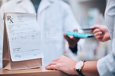 Buy stock photo Pharmacy, card machine and patient paying for the medication at medical clinic dispensary. Credit card, prescription medicine and closeup of payment with cash dispenser point at pharmaceutical store.