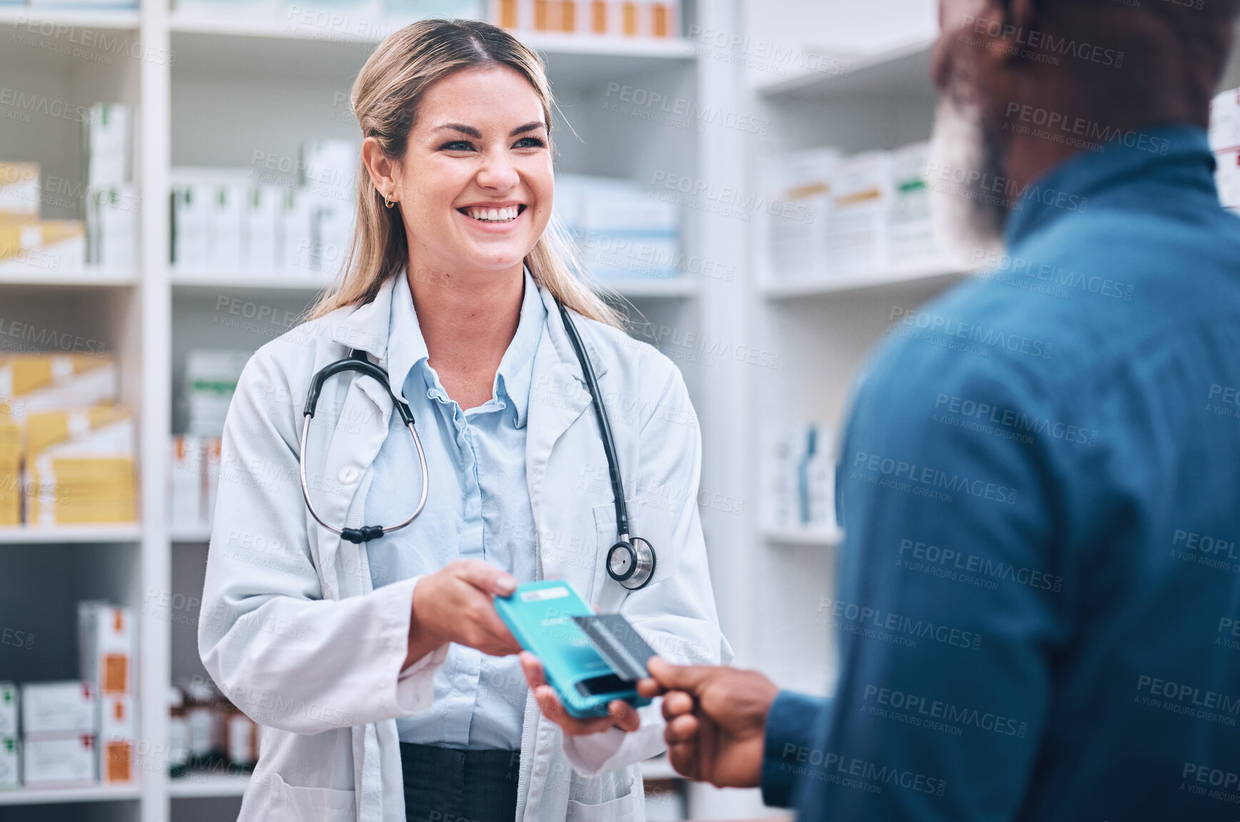 Buy stock photo Pharmacist, payment or customer with credit card for medicine or buying. Pharmacy, woman or black man pay for pills, medical treatment or paying for prescription, clinic dispensary or pharmaceutical