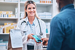 Pharmacist, payment or customer with credit, services medicine or buying. Pharmacy, woman or black man pay for pills, medical treatment or paying for prescription, clinic dispensary or pharmaceutical