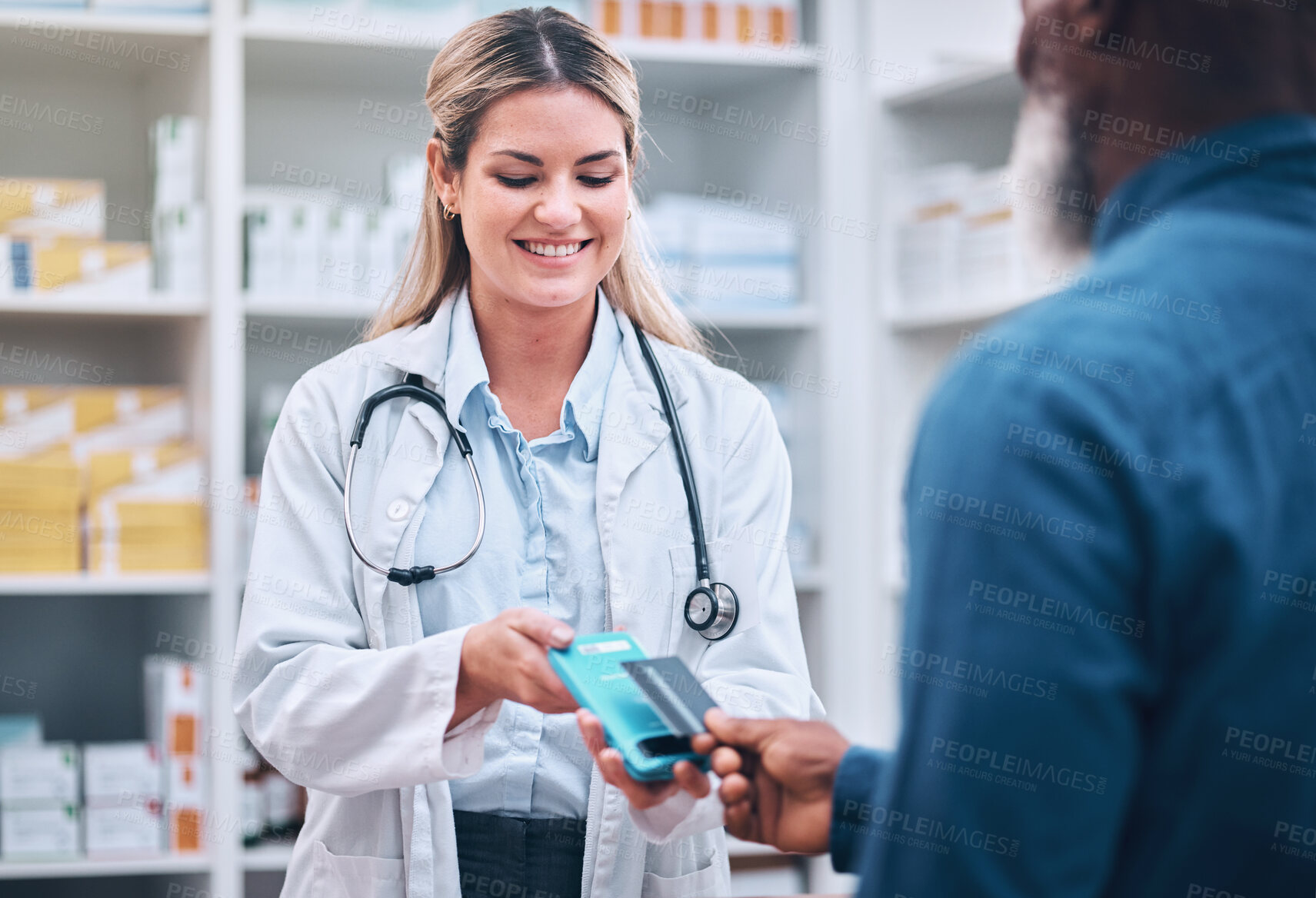 Buy stock photo Payment, credit card or patient with pharmacist at pharmacy  for prescription medicine or medical treatment. Shopping, insurance or happy doctor helping a senior black man buying healthcare products