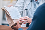 Pharmacy, prescription medication and doctor hands with retail patient, shopping or healthcare product. Closeup, nurse or pharmacist with customer for health note, wellness pills and brown paper bag