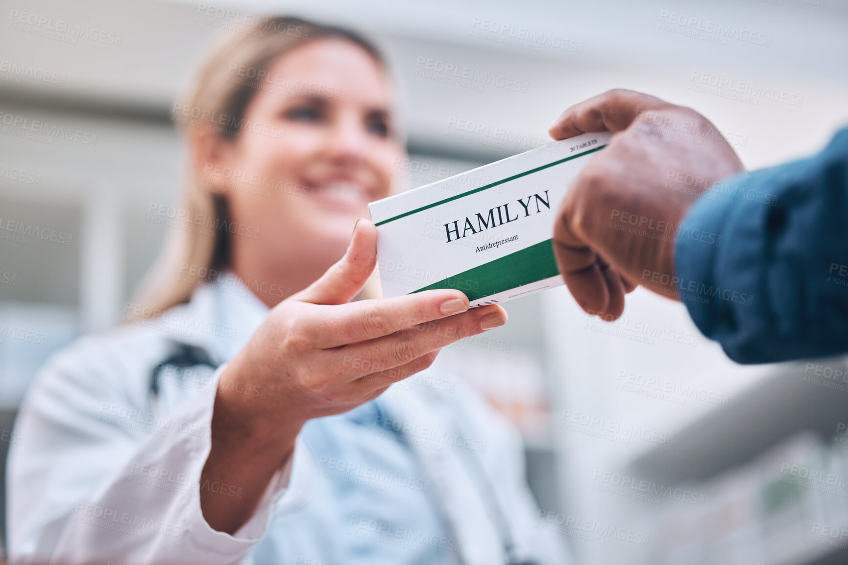 Buy stock photo Pharmacist woman, pills and customer hands with patient, box and healthcare in medicine store. Retail health, pharmacy and medical product for wellness, health and customer service for help in shop