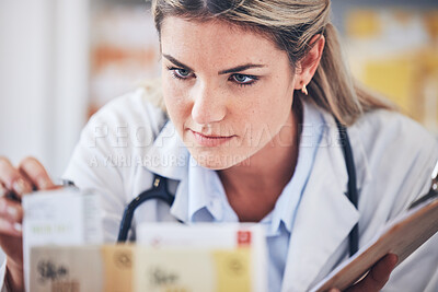 Buy stock photo Pills, pharmacy or pharmacist with a checklist for medicine products stock supply or inventory in a clinic. Management, woman or doctor with drugs to monitor medical healthcare supplements in store