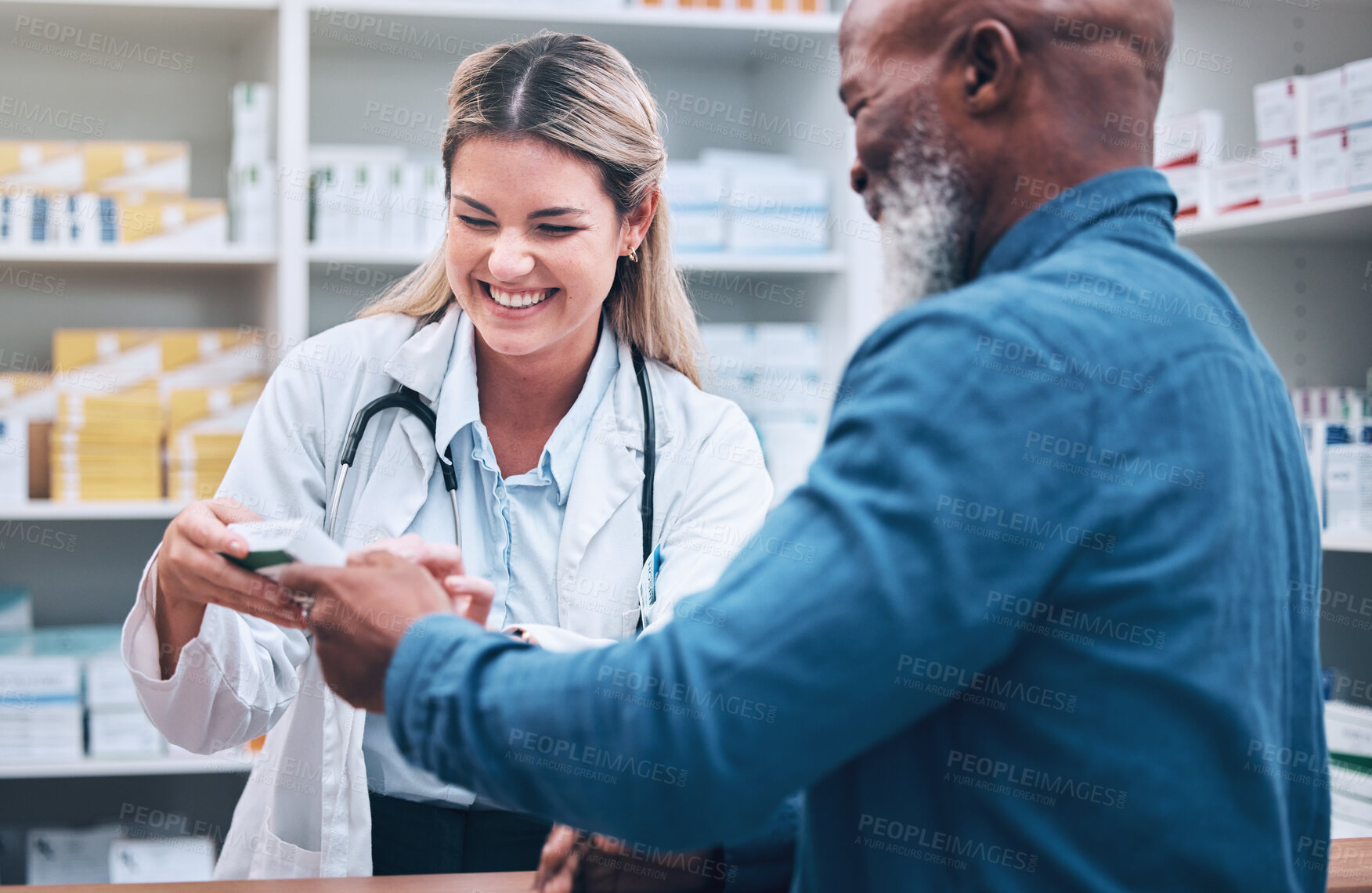 Buy stock photo Healthcare, pharmacist and man at counter, medicine, prescription drugs and happy service at drug store. Health, wellness and medical insurance, black man and woman at pharmacy for advice and pills.