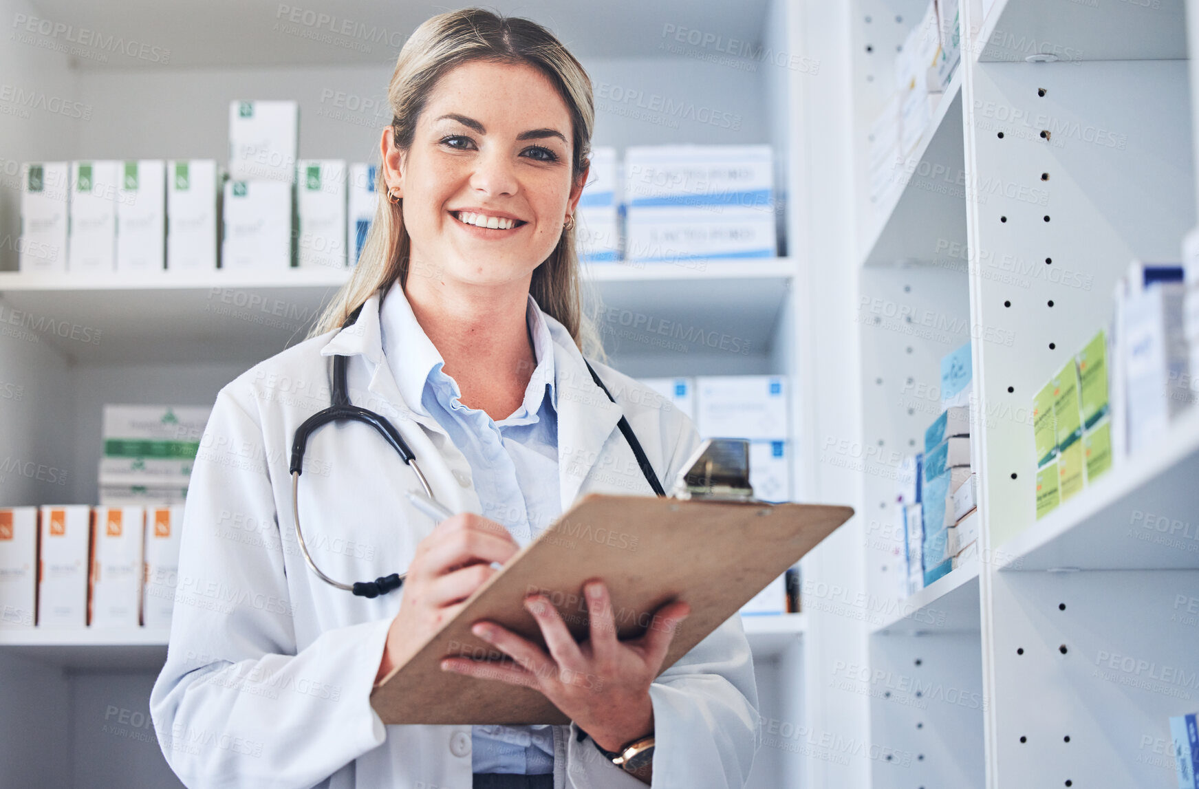 Buy stock photo Doctor, pharmacy checklist and employee portrait in pharmaceutical clinic, medical supply store and nurse stock management. Healthcare product, pharmacist smile and medicine supplement storage check