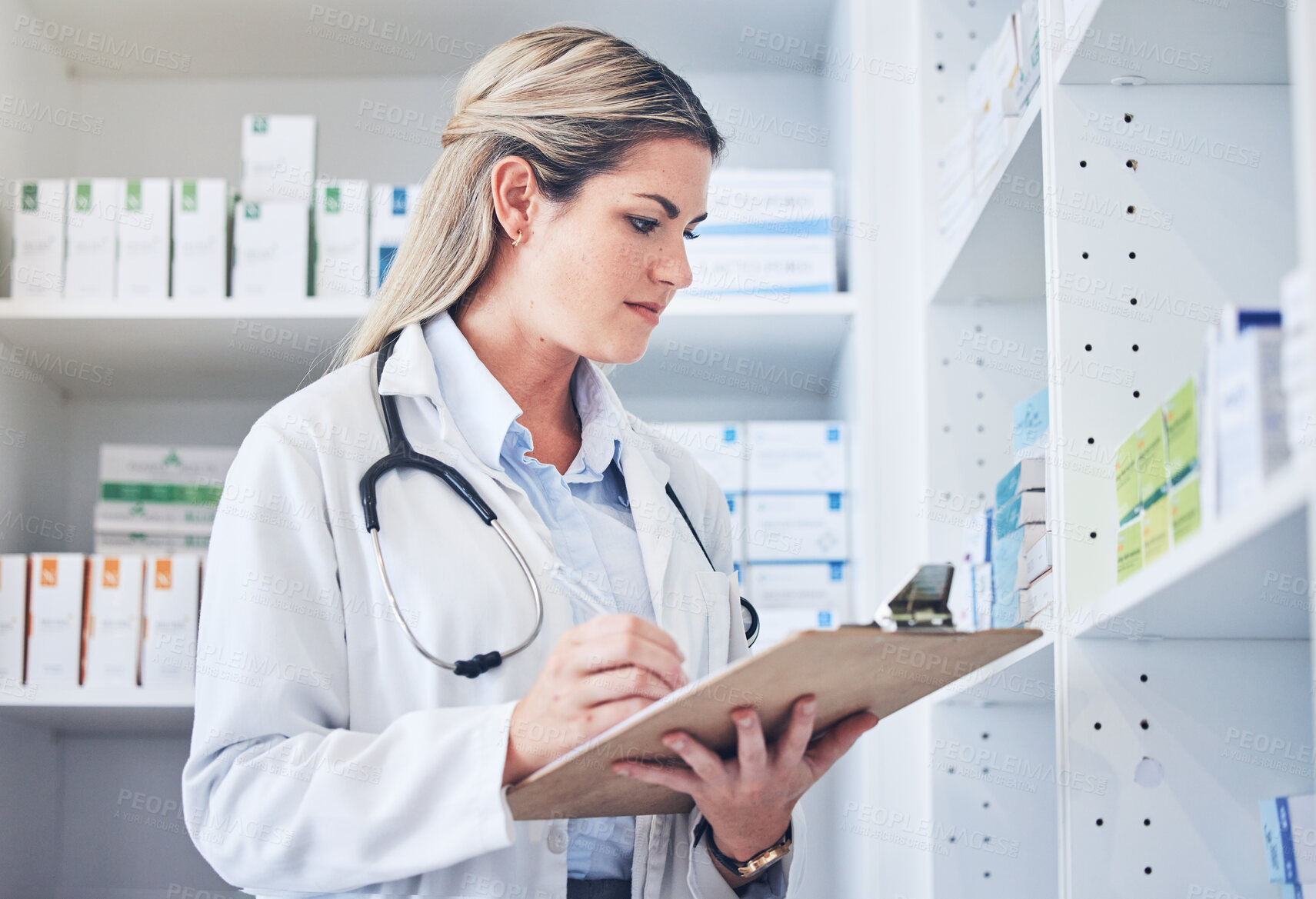 Buy stock photo Inventory checklist, pharmacist and woman in pharmacy recording quantity of medication. Healthcare, wellness or female medical physician writing on clipboard, counting stock or medicine in drug store