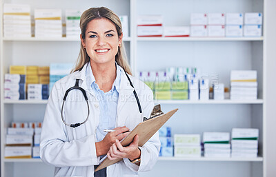 Buy stock photo Doctor, pharmacy checklist and employee portrait in pharmaceutical clinic, medical supply store and nurse stock management. Healthcare product, pharmacist smile and medicine supplement storage check