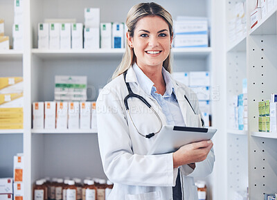 Buy stock photo Pharmacy, woman and tablet for checklist, inventory and online schedule. Pharmacist, girl counting and stock for pills, prescription and medical product with medicine, record and digital information.