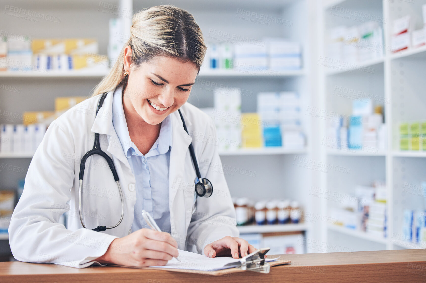 Buy stock photo Pharmacy, medicine and doctor writing prescription with documents, insurance application and paperwork. Healthcare, medical care and female pharmacist with forms on clipboard for medication in clinic