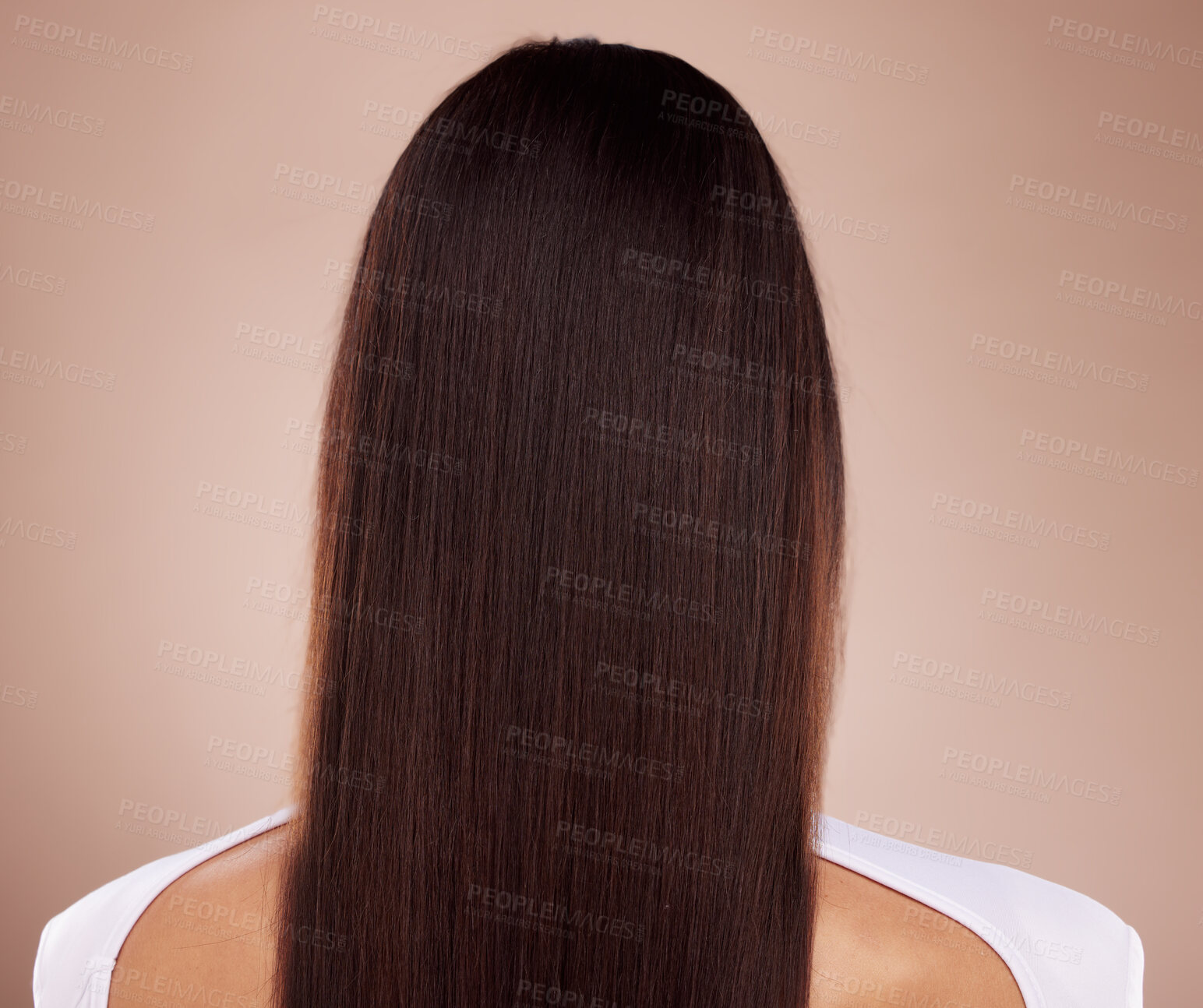 Buy stock photo Beauty, hair care and back of woman in studio isolated on a brown background. Balayage, hairstyle and female model with long, healthy and beautiful hair after salon treatment for texture and growth.