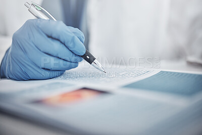 Buy stock photo Scientist, hands or laboratory documents writing in medical research analytics, cancer life insurance or vaccine engineering results. Zoom, science worker or person and paper pen for healthcare study