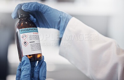 Buy stock photo Science, laboratory and hands with bottle of medicine for medical research, vaccine development and pharmacy. Healthcare, medication and scientist with chemicals, virus cure and treatment in glass
