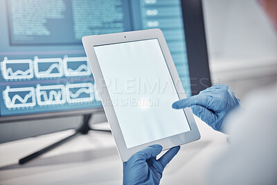 Buy stock photo Doctor, science or hands on tablet with mockup space for marketing, advertising or product placement in a laboratory. Zoom, digital or scientist working on research on white screen for innovation
