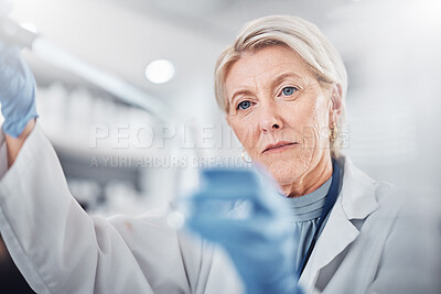 Buy stock photo Science, chemistry and beaker with woman in laboratory for research, dna and vaccine analysis. Medicine, pharmacy and innovation with expert and flask for investigation, biotechnology and experiment