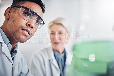 Buy stock photo Face, doctors and beaker in laboratory for research, testing and analysis. Science, innovation and teamwork of man, senior woman and researchers with goggles looking at glass flask for experiment.