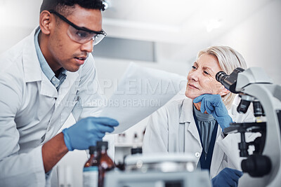 Buy stock photo Science, research and team with documents in laboratory for analytics report, review and data analysis in clinic. Healthcare, collaboration and scientists reading medical results from lab test exam