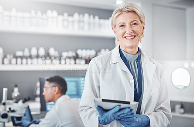 Buy stock photo Tablet, portrait or senior scientist in laboratory with a happy smile, growth mindset or goals in medical science. Face, woman or mature doctor with dna health data or genetic research knowledge