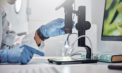 Buy stock photo Lab microscope, scientist hands and analysis of bacteria, virus or research for medical solution. Science laboratory, tools and ppe gloves for safety, study and innovation for dna, molecule and focus