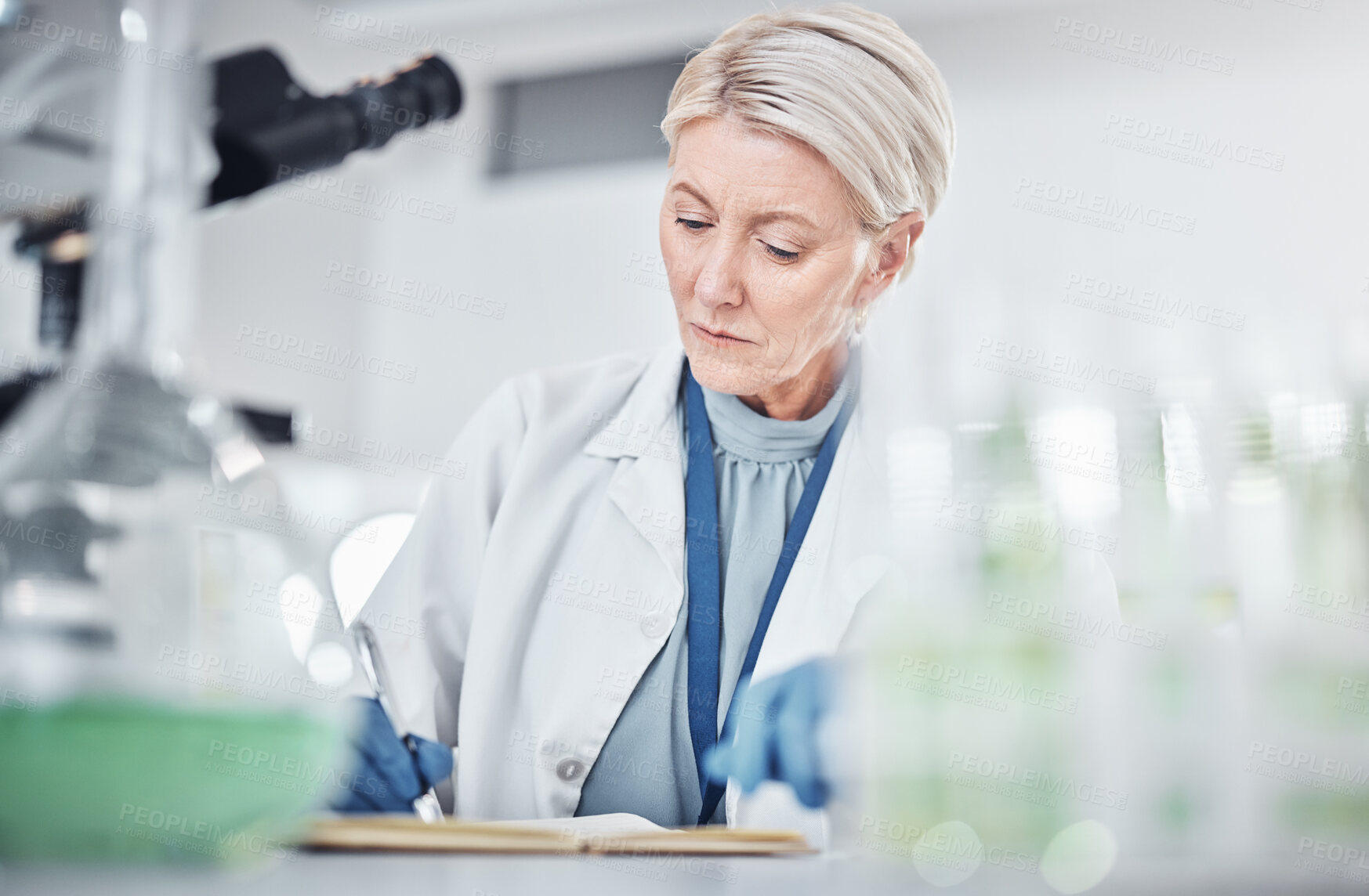 Buy stock photo Research, writing and science with woman in laboratory for pharmacy, medicine and future development. Innovation, idea and notebook with expert for vaccine report, medical and data analysis