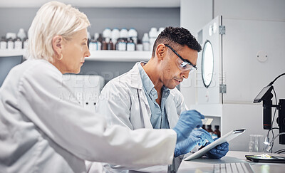 Buy stock photo Science team, tablet and analysis study in lab for pharmaceutical collaboration, scientist teamwork and working on research. Medical analysis, laboratory innovation and pharamcy partnership on device