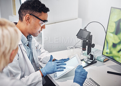 Buy stock photo Science team, tablet and analysis study in lab for pharmaceutical collaboration, scientist teamwork and working on research. Medical review, laboratory innovation and pharmacy partnership on device