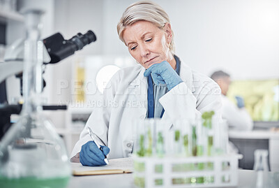 Buy stock photo Research, writing and science with woman in laboratory for pharmacy, medicine and future development. Innovation, idea and notebook with expert for vaccine report, investigation and data analysis