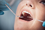 Teeth, dental or woman at a dentist for surgery, teeth whitening or mouth cleaning for gum disease bacteria. Wellness, tooth decay or hands helping or working with oral tools in healthcare clinic