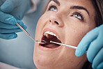 Teeth, dental or woman at a dentist for surgery, teeth whitening or mouth cleaning for gum disease bacteria. Wellness, tooth decay or hands helping or working with oral tools in healthcare clinic