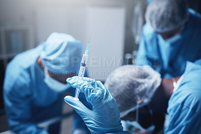 Buy stock photo Doctors, nurses or hands with surgery needle in anesthesia treatment, morphine pain killer or narcan adrenaline for patient. Zoom, healthcare worker or medicine syringe for operation medical teamwork