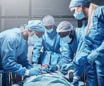 Doctors, surgery and collaboration with a medicine team in scrubs operating on a man patient in a hospital. Doctor, nurse and teamwork with a medical group in a clinic to perform an operation