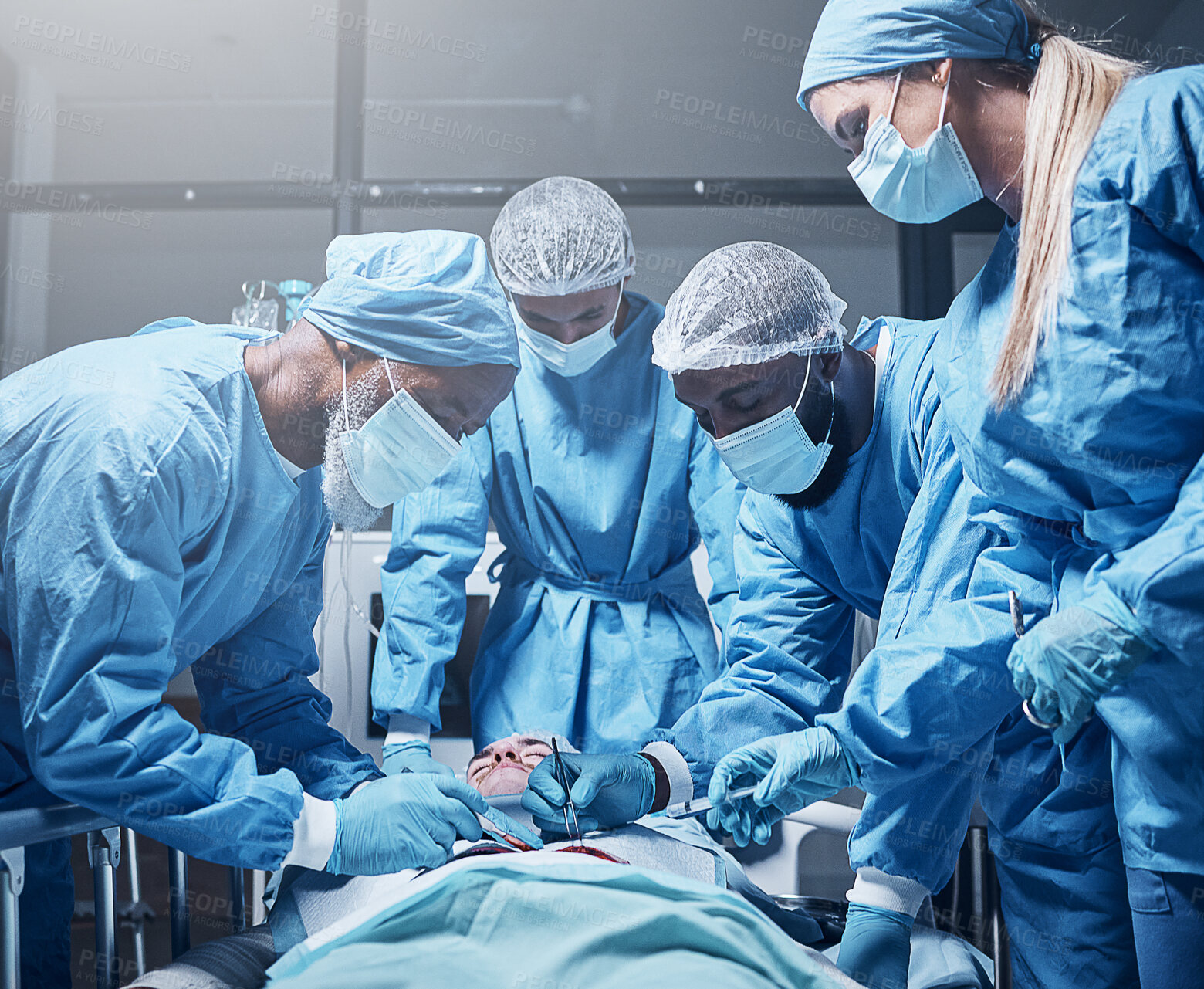 Buy stock photo Doctors, surgery and collaboration with a medicine team in scrubs operating on a man patient in a hospital. Doctor, nurse and teamwork with a medical group in a clinic to perform an operation