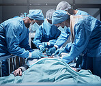 Doctors, surgery and collaboration with a medicine team in scrubs operating on a man patient in a hospital. Doctor, nurse and teamwork with a medical group in a clinic to perform an operation