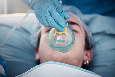 Buy stock photo Anesthesia, oxygen mask and medical with man in surgery for breathing, ventilation and operation. Healthcare, cardiology and paramedic with face of patient and doctors in operating room for emergency
