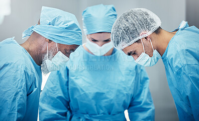 Buy stock photo Medical, teamwork and surgery with doctors in hospital for emergency, safety and operation. Helping, healthcare and collaboration with surgeon in operating room for cardiology, medicine and focus