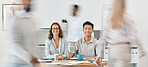 Team work, portrait or business people in a busy office working on administration, documents or paperwork. Motion blur, collaboration or employees meeting for sales growth strategy or happy smile 
