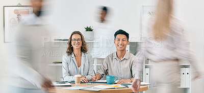 Buy stock photo Team work, portrait or business people in a busy office working on administration, documents or paperwork. Motion blur, collaboration or employees meeting for sales growth strategy or happy smile 