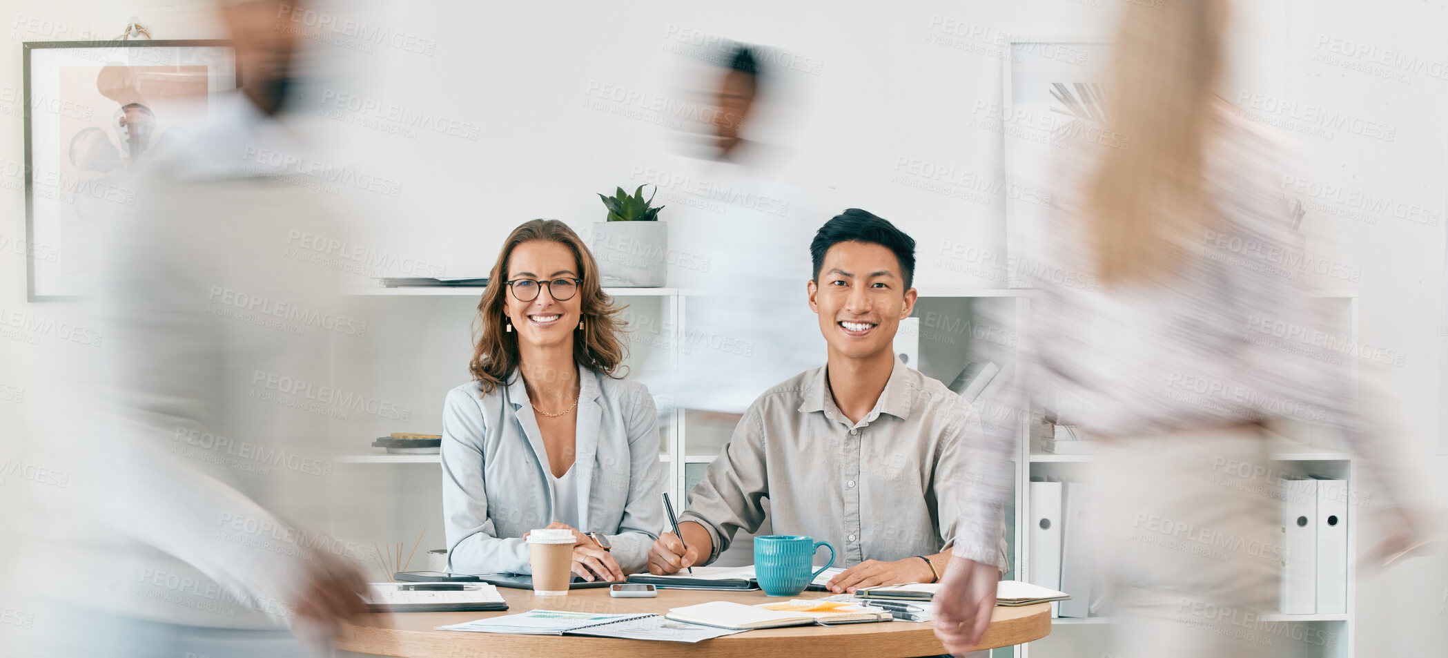 Buy stock photo Team work, portrait or business people in a busy office working on administration, documents or paperwork. Motion blur, collaboration or employees meeting for sales growth strategy or happy smile 