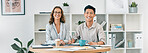 Portrait, teamwork and business people planning strategy in office. Collaboration, cooperation or man and woman sitting together at desk writing report, sales proposal or working on marketing project