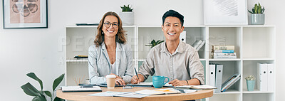 Buy stock photo Portrait, teamwork and business people planning strategy in office. Collaboration, cooperation or man and woman sitting together at desk writing report, sales proposal or working on marketing project