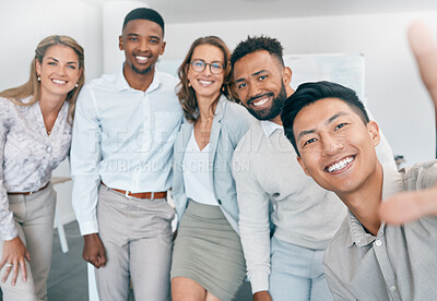 Buy stock photo Selfie, collaboration and diversity with business friends posing for a photograph together in their office. Portrait, startup and teamwork with a man and woman employee group taking a picture at work