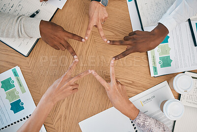 Buy stock photo Group, fingers and star shape in office, diversity and teamwork at startup workshop with performance report. Business meeting, kpi documents and team with hands together in collaboration and support.
