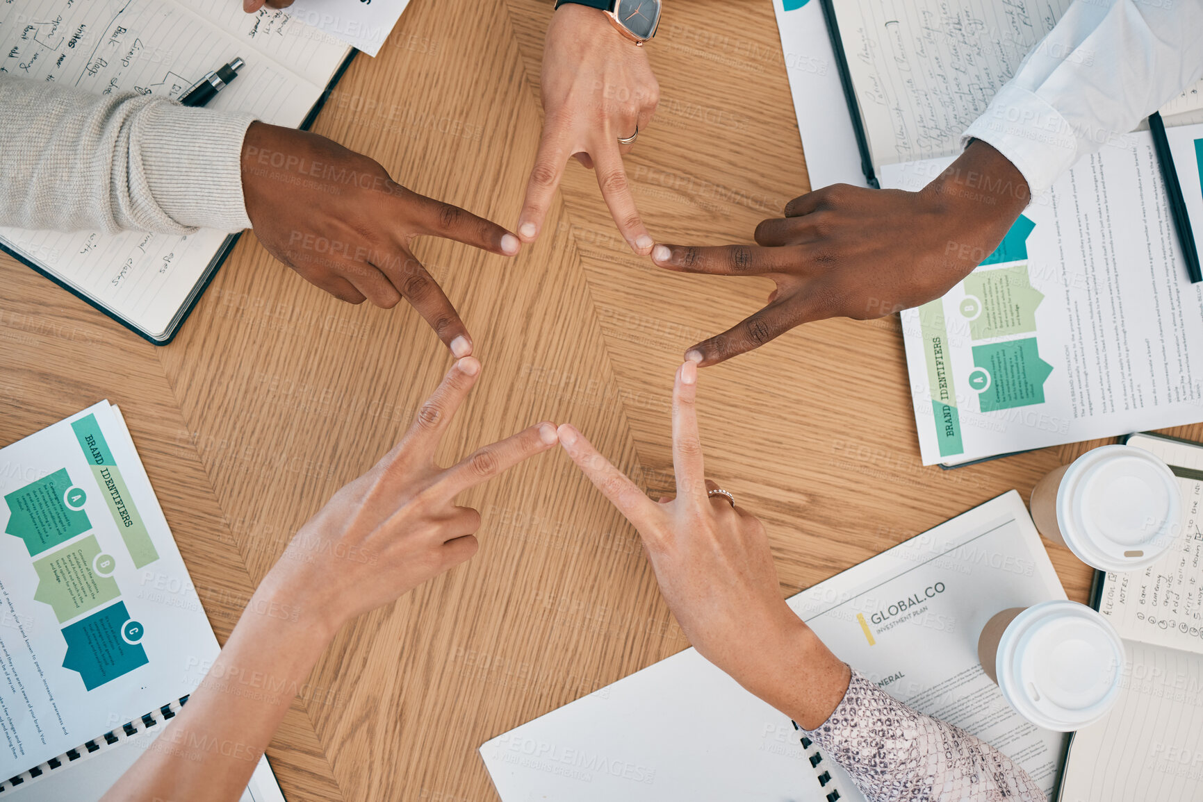 Buy stock photo Group, fingers and star shape in office, diversity and teamwork at startup workshop with performance report. Business meeting, kpi documents and team with hands together in collaboration and support.
