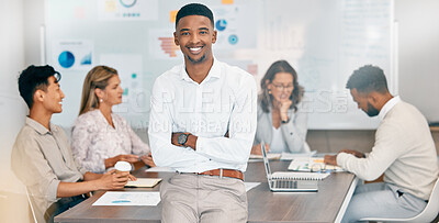 Buy stock photo Corporate black man, team leader and smile at business meeting, planning and financial strategy in office. African businessman, happy leadership and budget meeting with business people for accounting