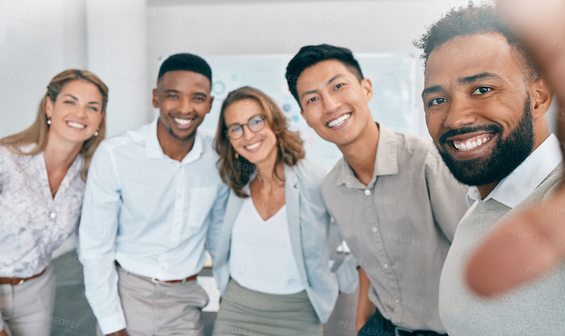 Buy stock photo Selfie, collaboration and diversity with a business team posing for a photograph together in their office. Portrait, startup and teamwork with a man and woman employee group taking a picture at work