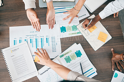 Buy stock photo Collaboration, documents and financial with a business team working together in an accounting office from above. Meeting, data and finance planning with a man and woman accountant group at work