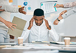 Stress, burnout and tired black man with headache, frustrated or overwhelmed by coworkers at workplace. Overworked, mental health and anxiety of exhausted male worker multitasking at desk in office.