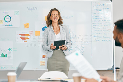 Buy stock photo Business woman, tablet or whiteboard presentation for company finance analytics, investment growth education or team sales analysis. Mature mentor, manager or ceo in training workshop with technology