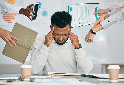 Buy stock photo Stress, burnout and tired black man with headache, frustrated or overwhelmed by coworkers at workplace. Overworked, mental health and anxiety of exhausted male worker multitasking at desk in office.