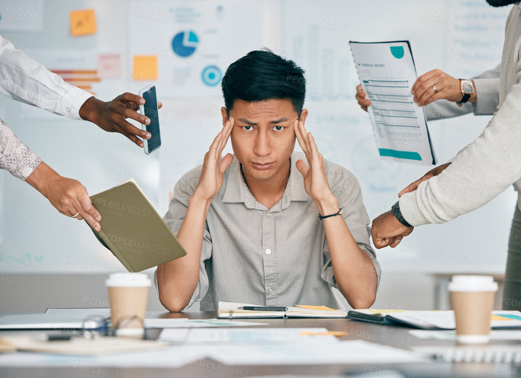 Buy stock photo Stress, overworked and headache with businessman multitasking audit, schedule and compliance. Challenge, accountability and mental health with asian employee for burnout, frustrated and deadline